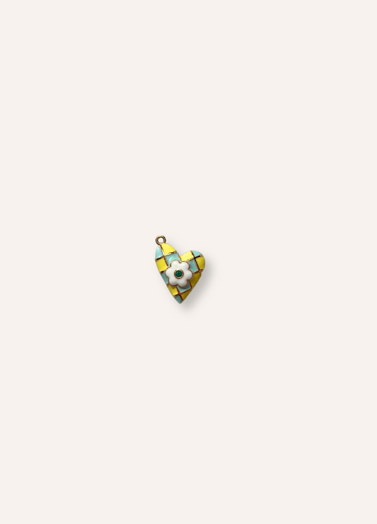 blue and yellow checkered heart charm